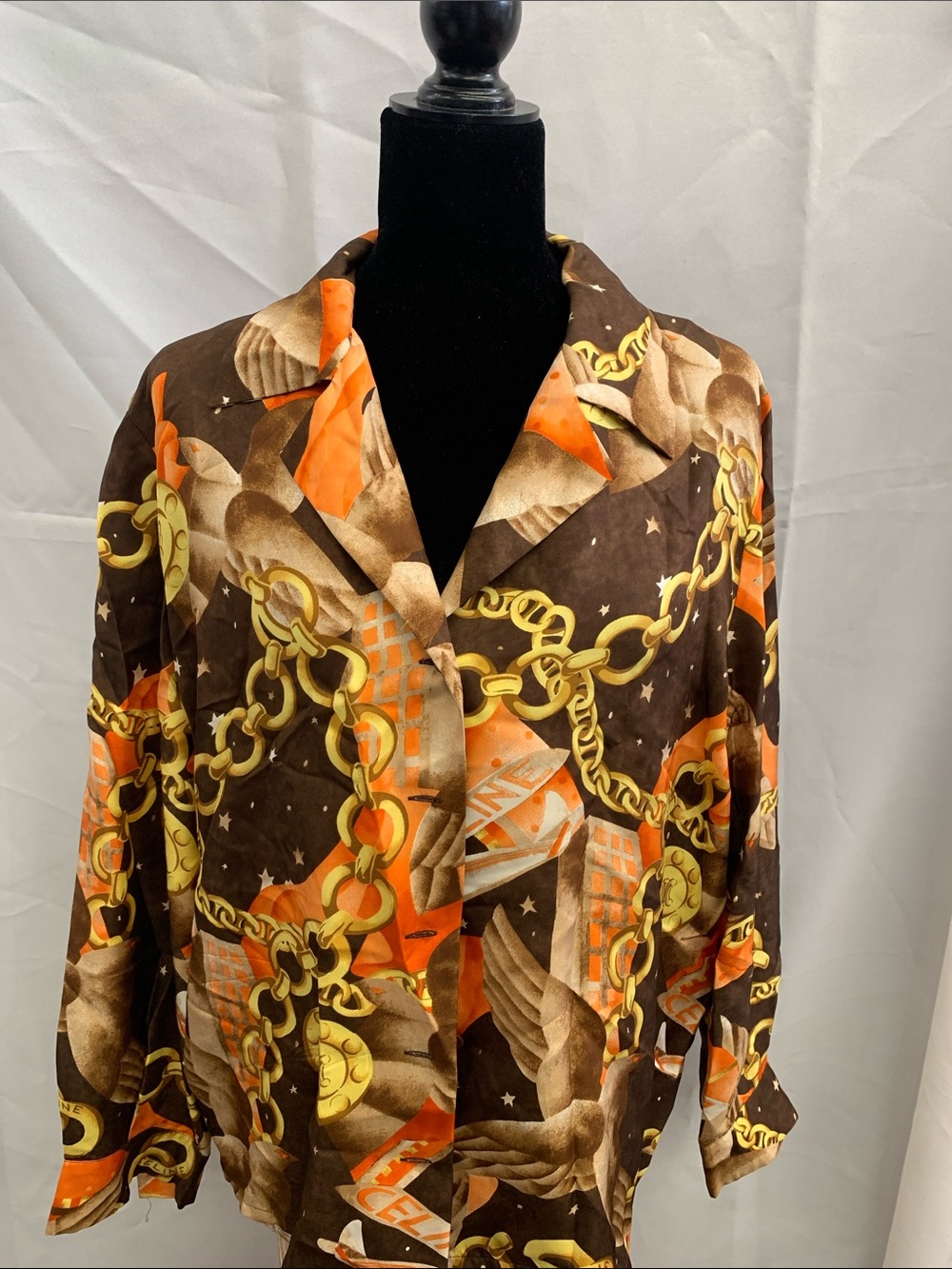 Celine Brown, Orange & Gold Chain-Print Button Down Shirt